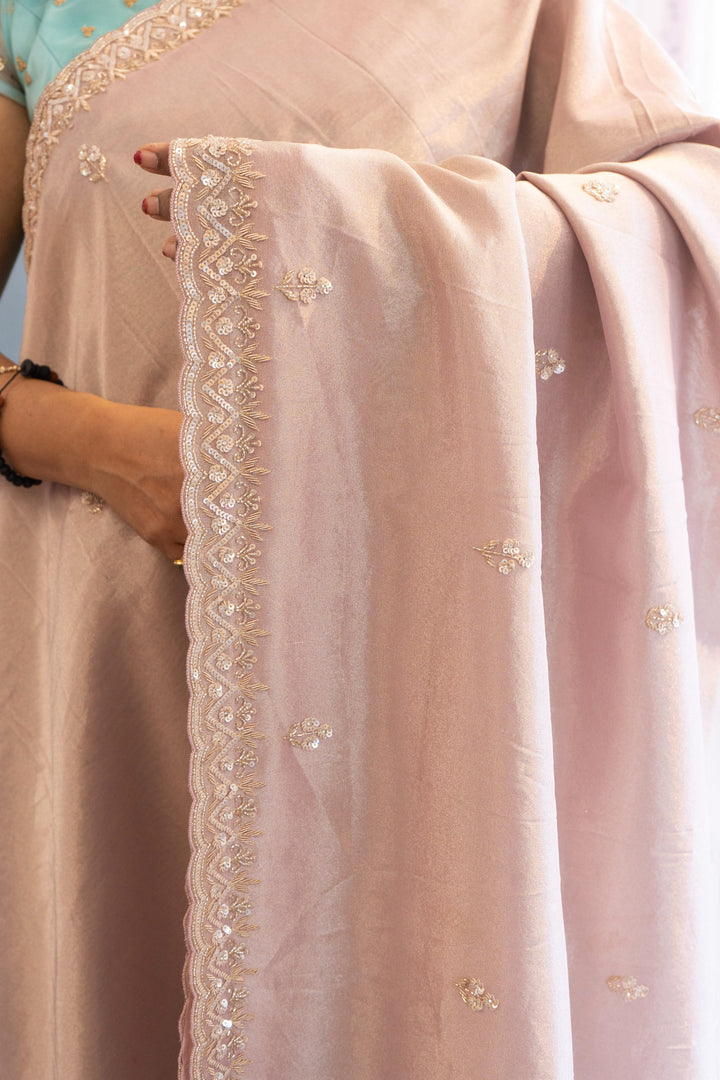 Pastel Mauve Tissue Organza Hand Embroidered Saree And Blouse