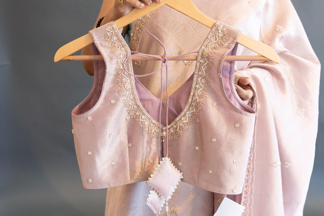 Pastel Mauve Tissue Organza Hand Embroidered Saree And Blouse