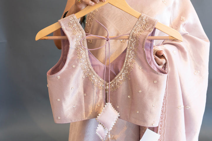 Pastel Mauve Tissue Organza Hand Embroidered Saree And Blouse