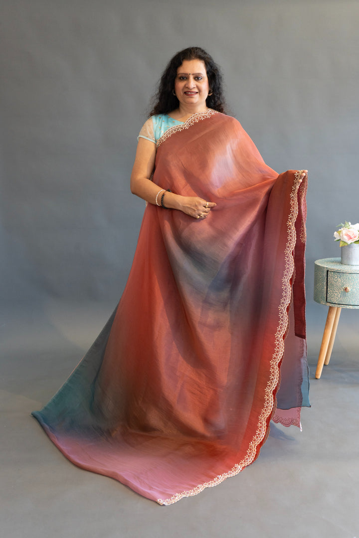 Rust And Sea Green Dual Tone Soft Organza Saree And Blouse
