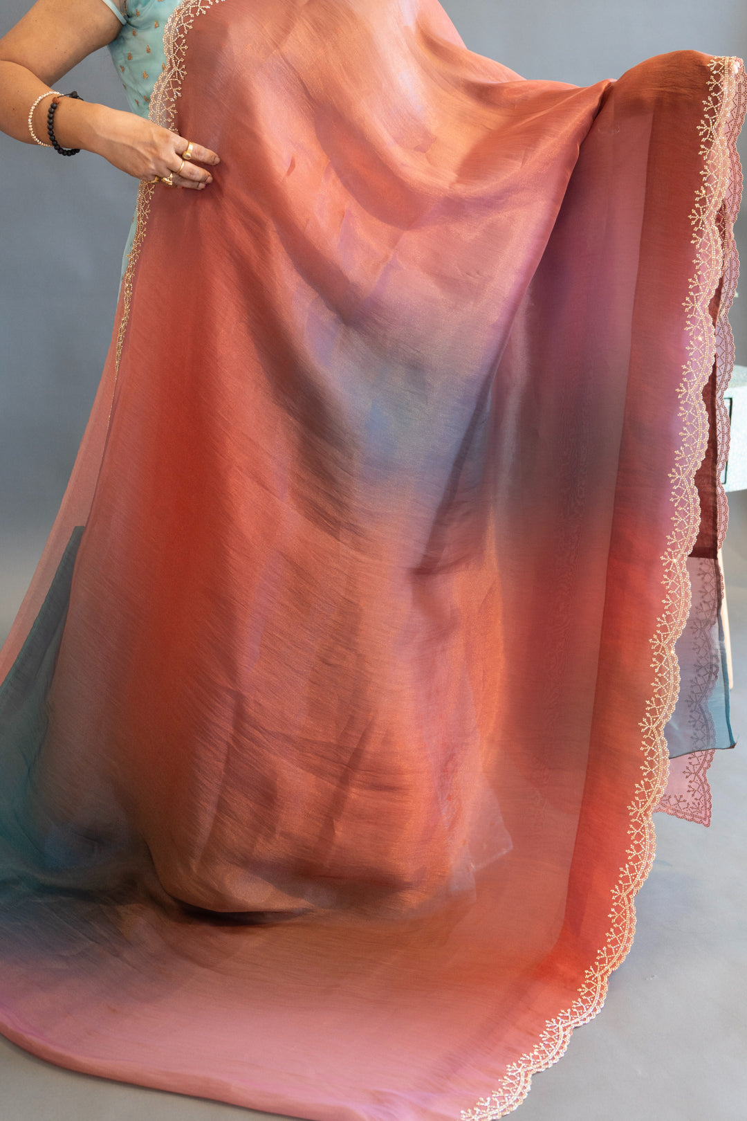 Rust And Sea Green Dual Tone Soft Organza Saree And Blouse