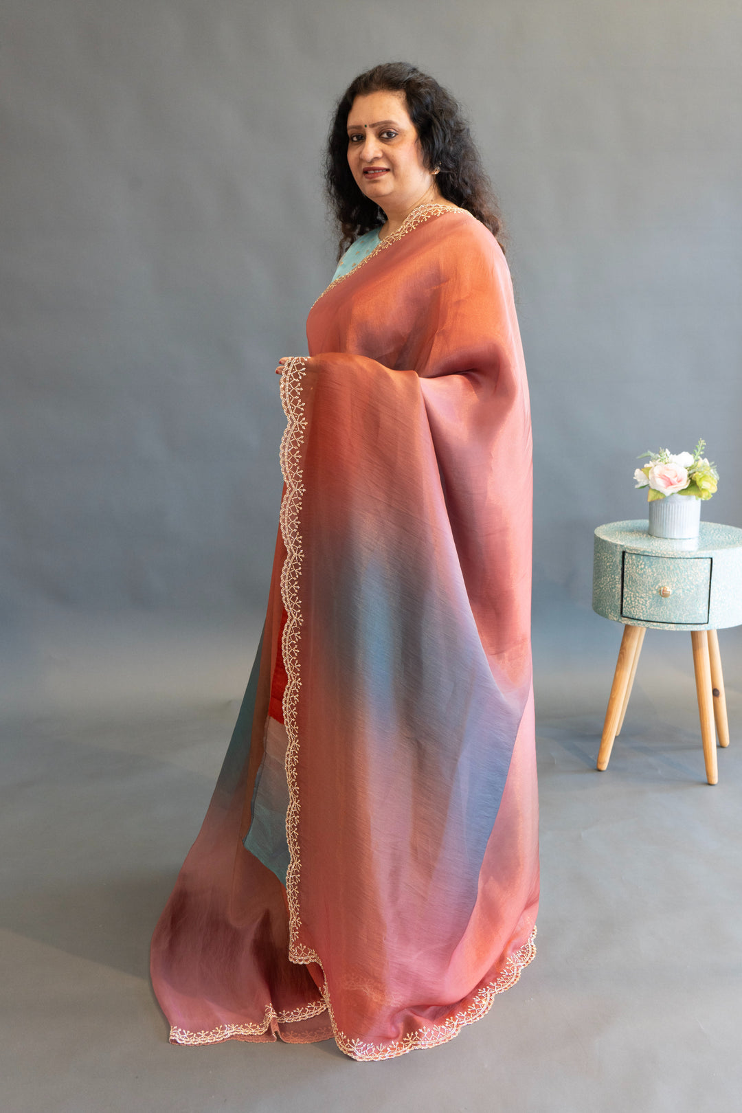 Rust And Sea Green Dual Tone Soft Organza Saree And Blouse