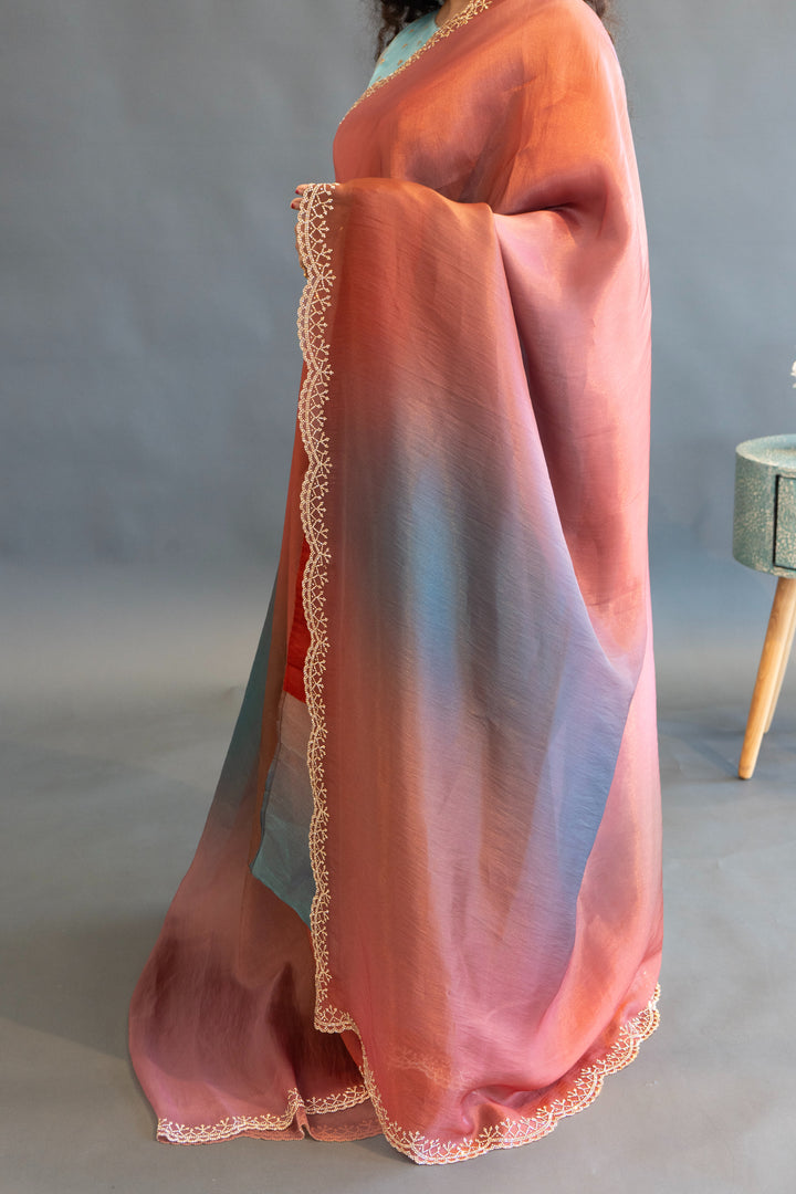 Rust And Sea Green Dual Tone Soft Organza Saree And Blouse