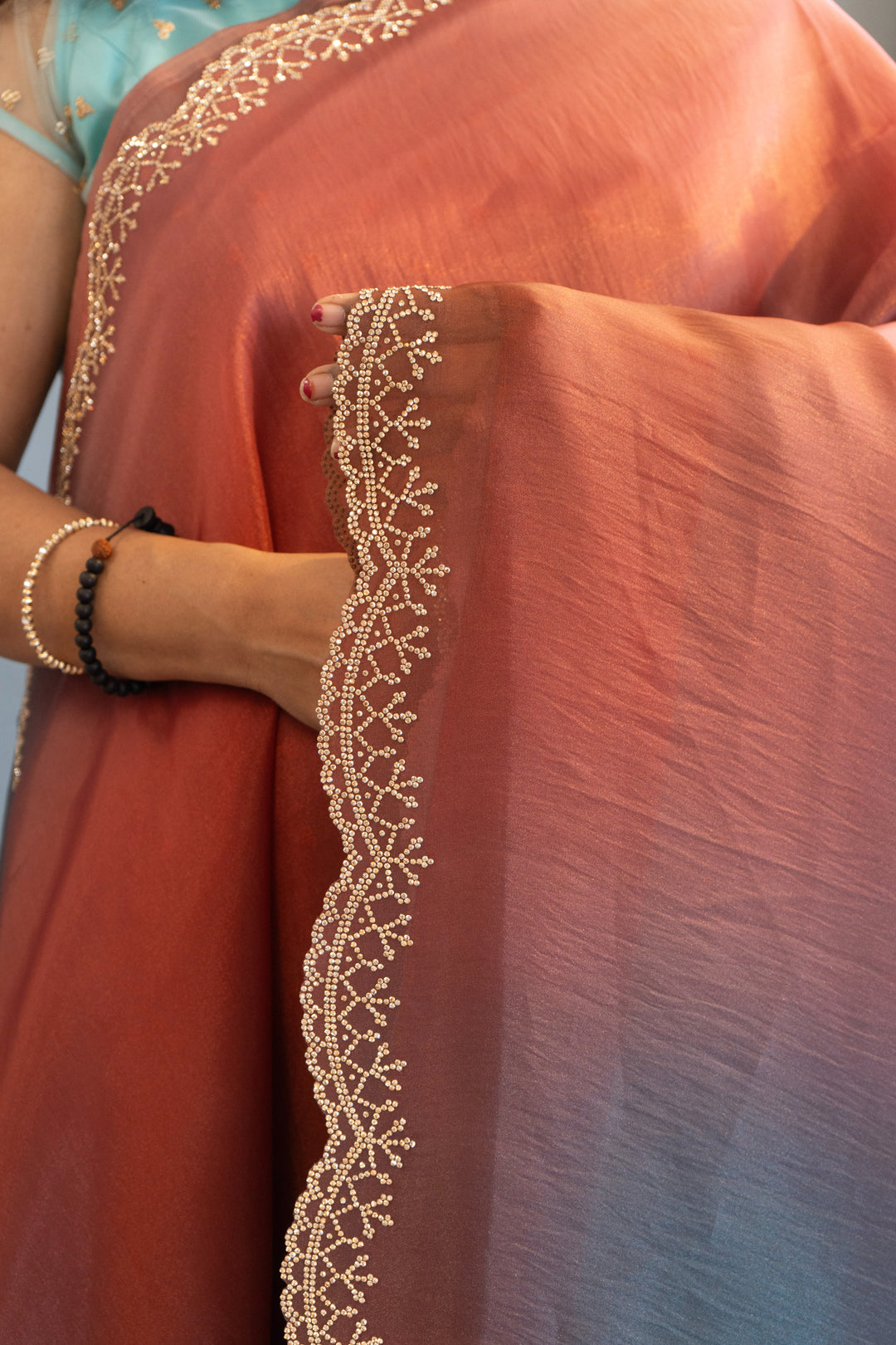 Rust And Sea Green Dual Tone Soft Organza Saree And Blouse