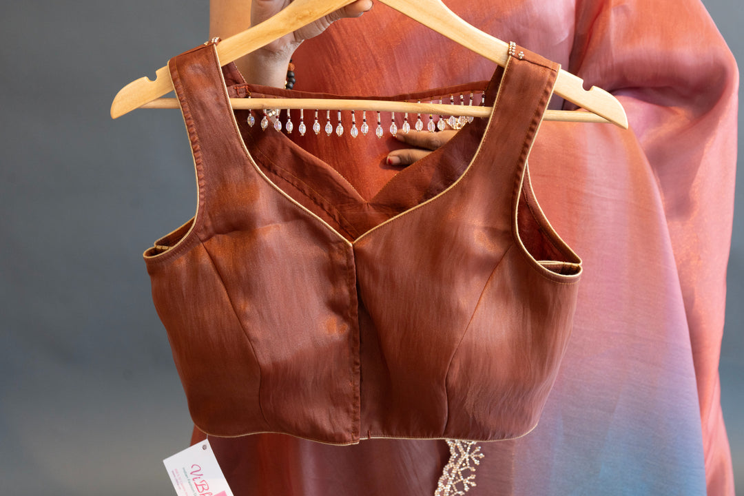 Rust And Sea Green Dual Tone Soft Organza Saree And Blouse