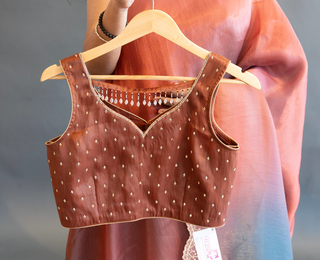 Rust And Sea Green Dual Tone Soft Organza Saree And Blouse