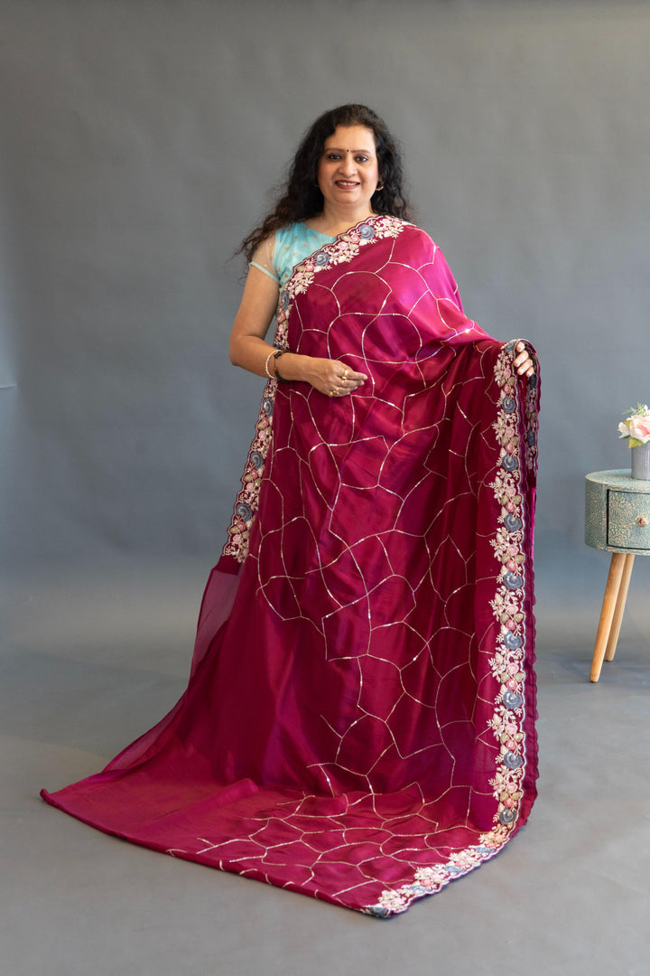 Wine color embroidered saree with blouse