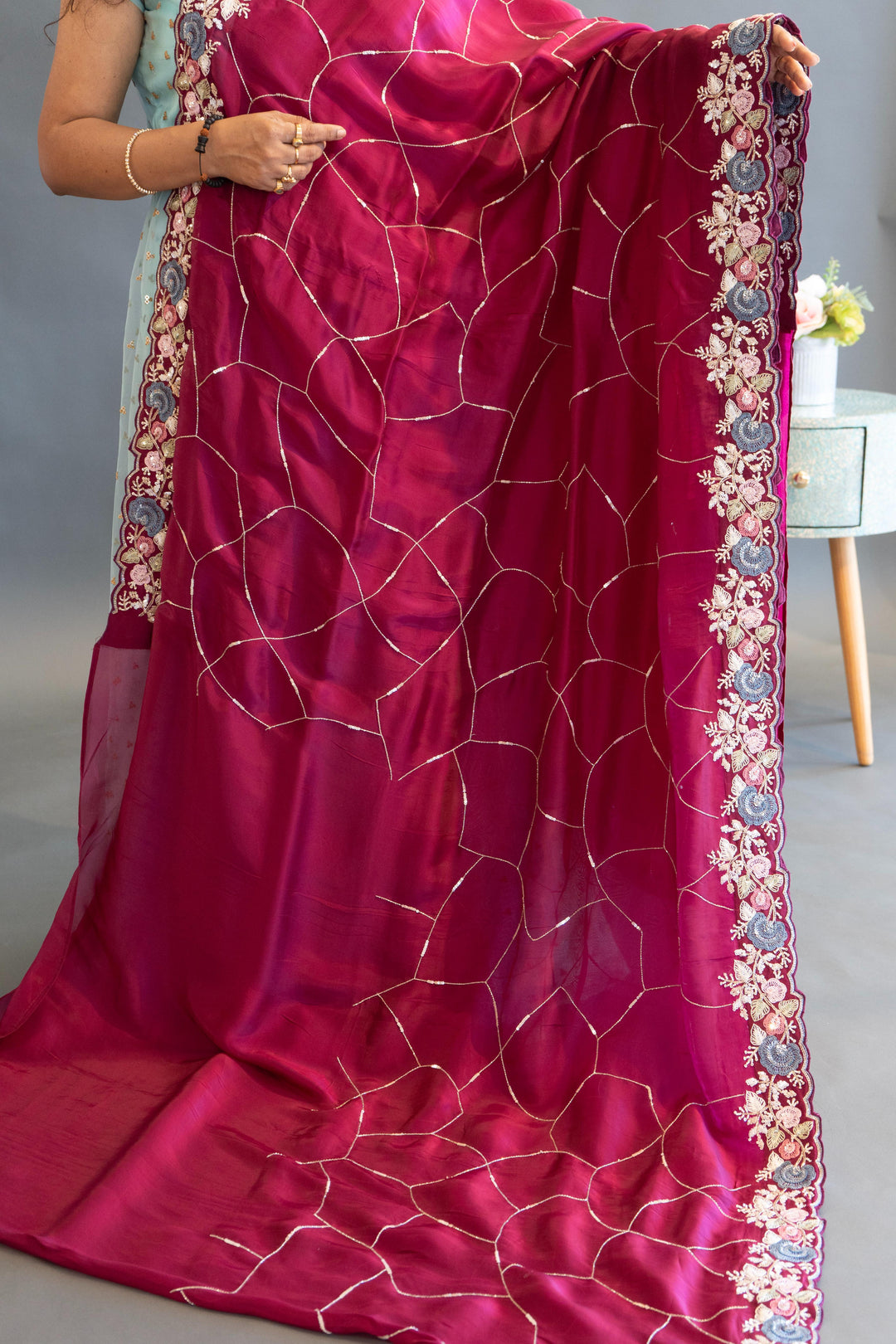 Dark-Wine Soft-Organza Hand-Embroidered Saree And Blouse