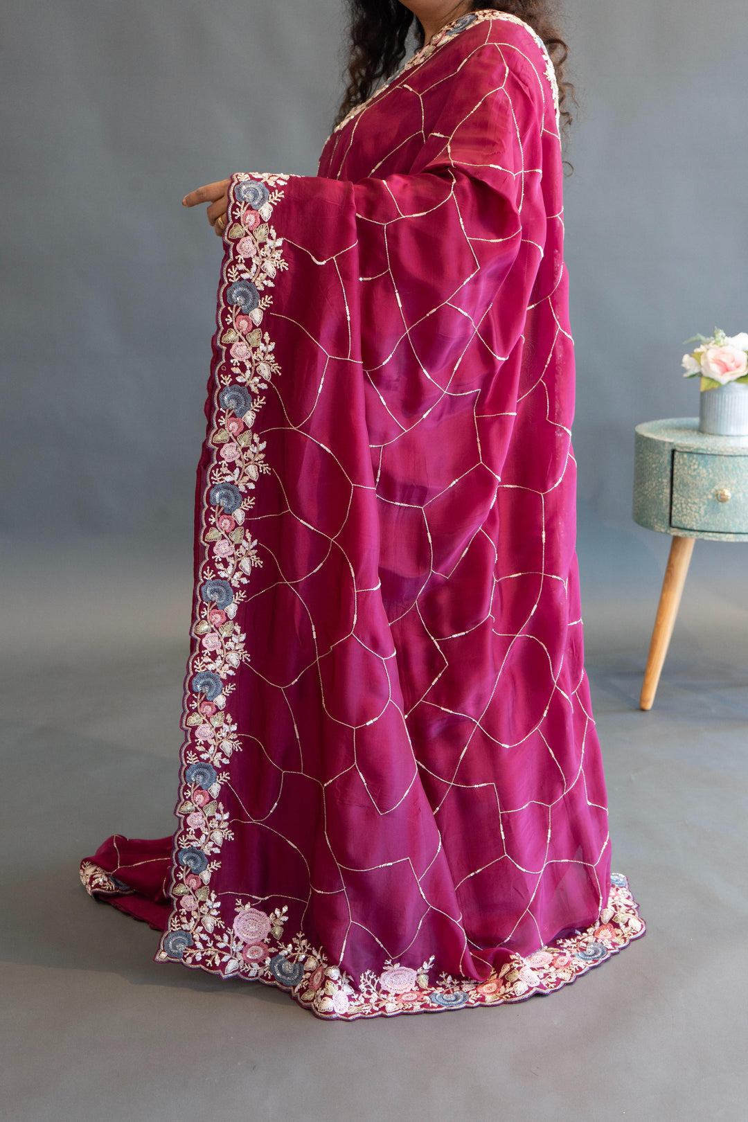 Dark-Wine Soft-Organza Hand-Embroidered Saree And Blouse
