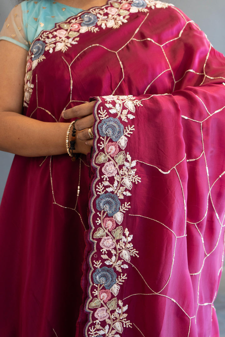 Dark-Wine Soft-Organza Hand-Embroidered Saree And Blouse