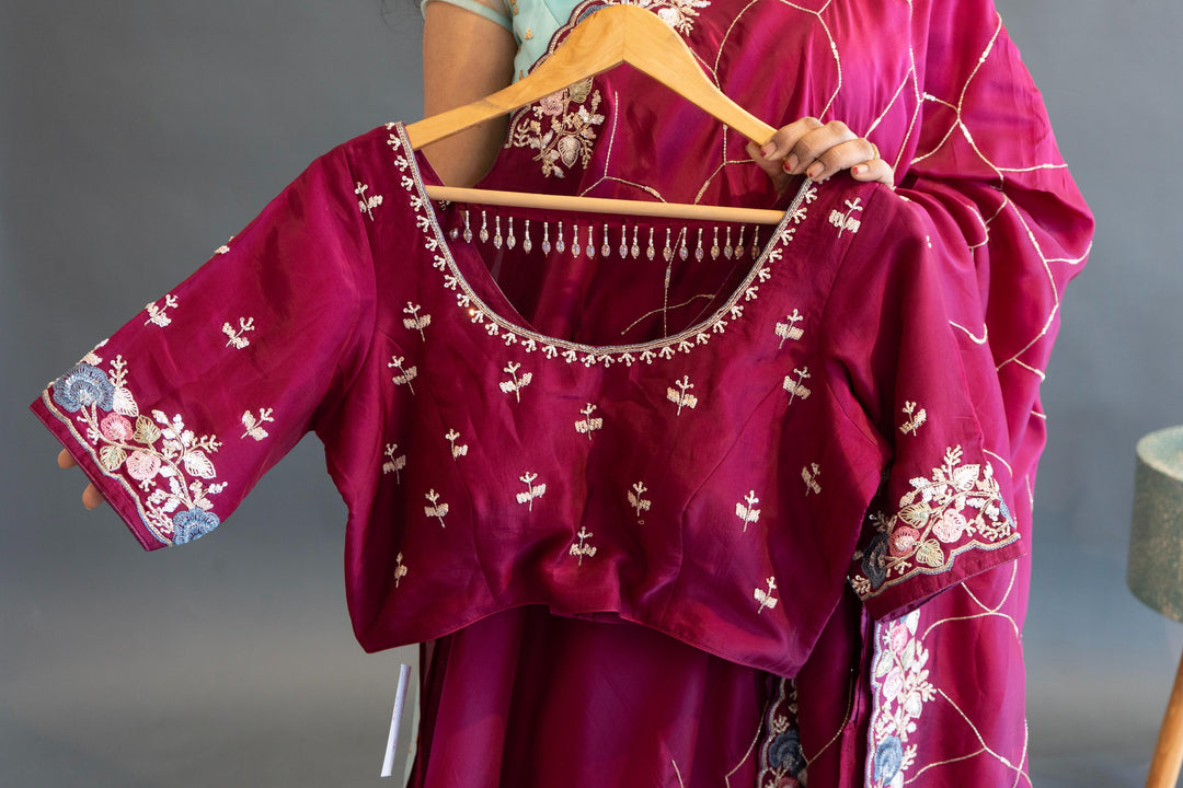 Dark-Wine Soft-Organza Hand-Embroidered Saree And Blouse