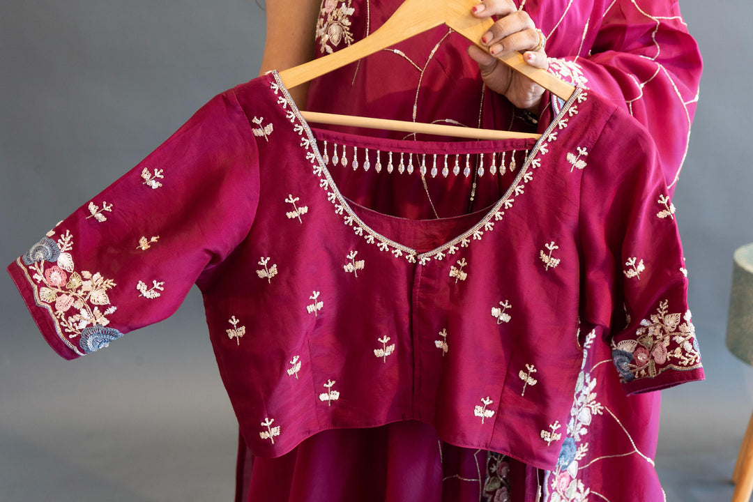 Dark-Wine Soft-Organza Hand-Embroidered Saree And Blouse