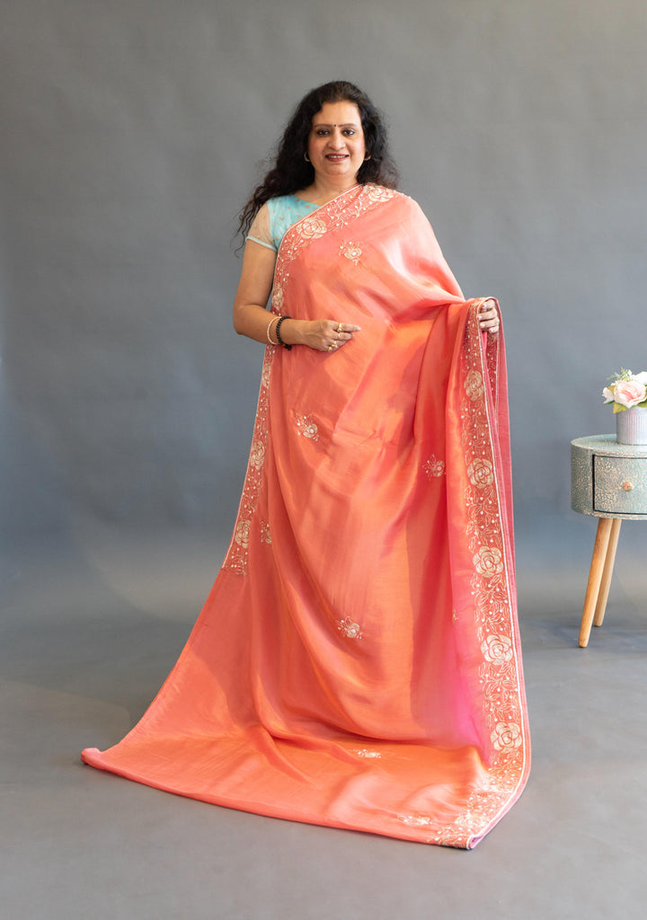Coral-Pink Tissue-Silk Hand-Embroidered Saree And Blouse