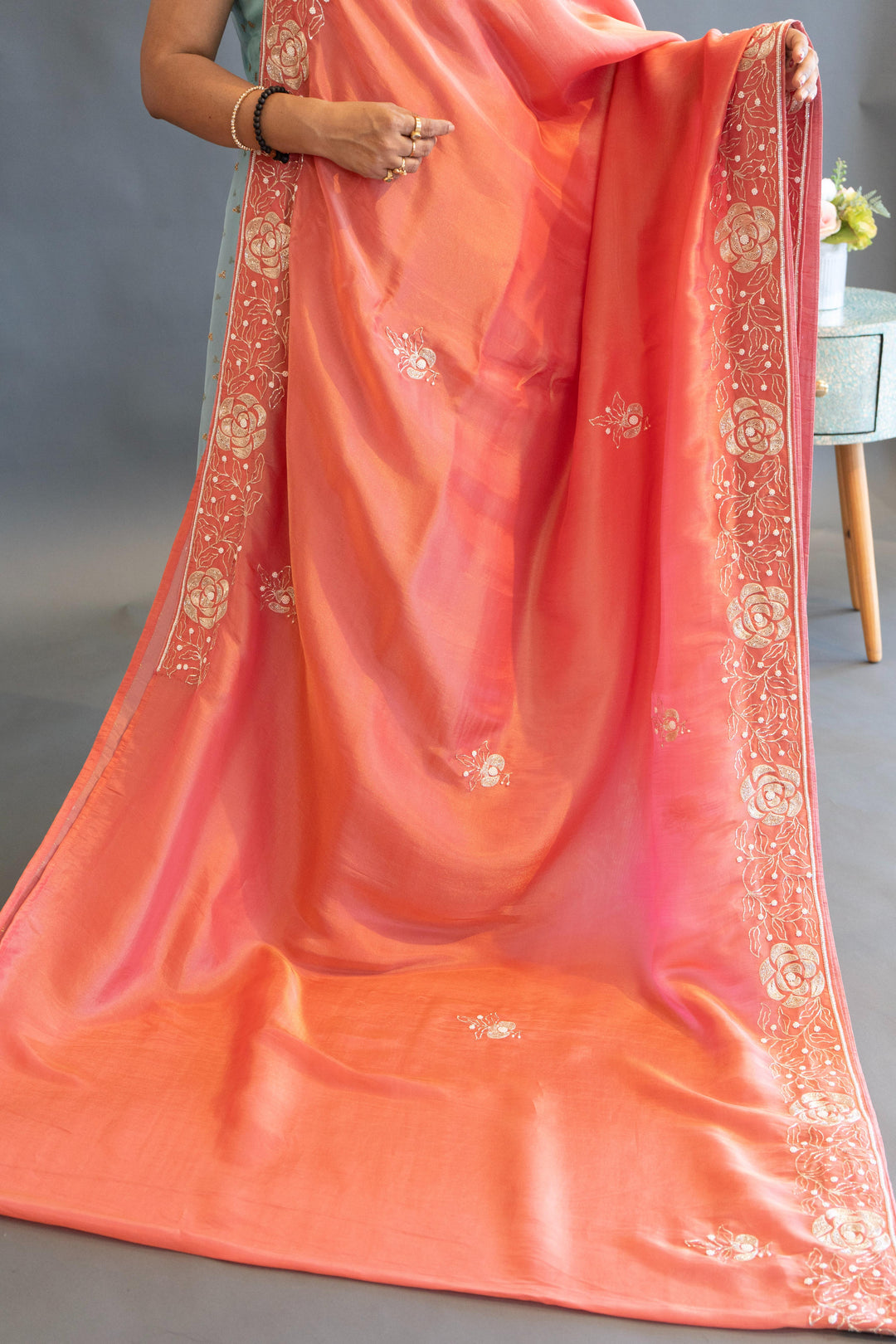 Coral-Pink Tissue-Silk Hand-Embroidered Saree And Blouse