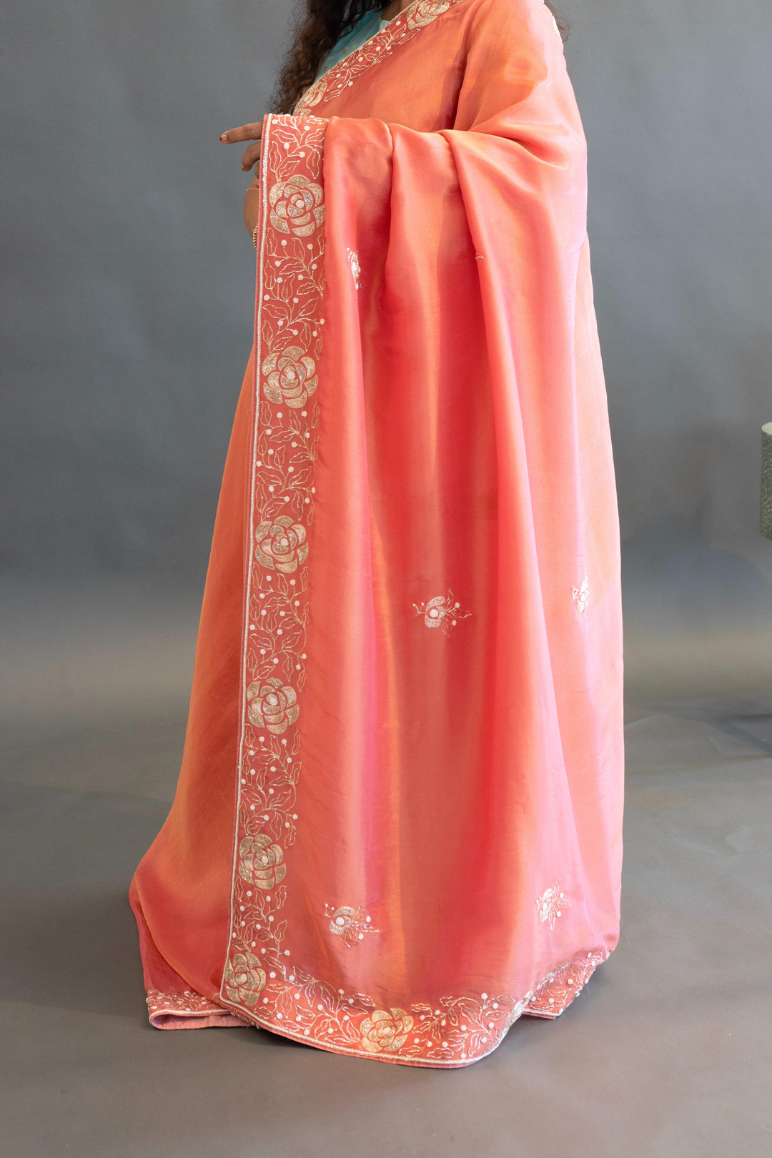 Coral-Pink Tissue-Silk Hand-Embroidered Saree And Blouse