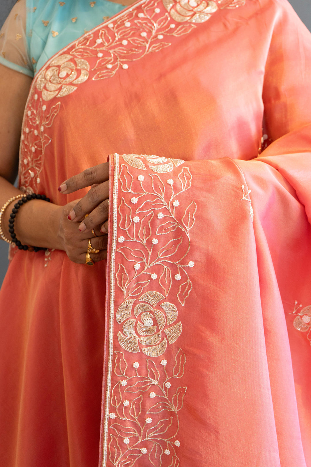 Coral-Pink Tissue-Silk Hand-Embroidered Saree And Blouse