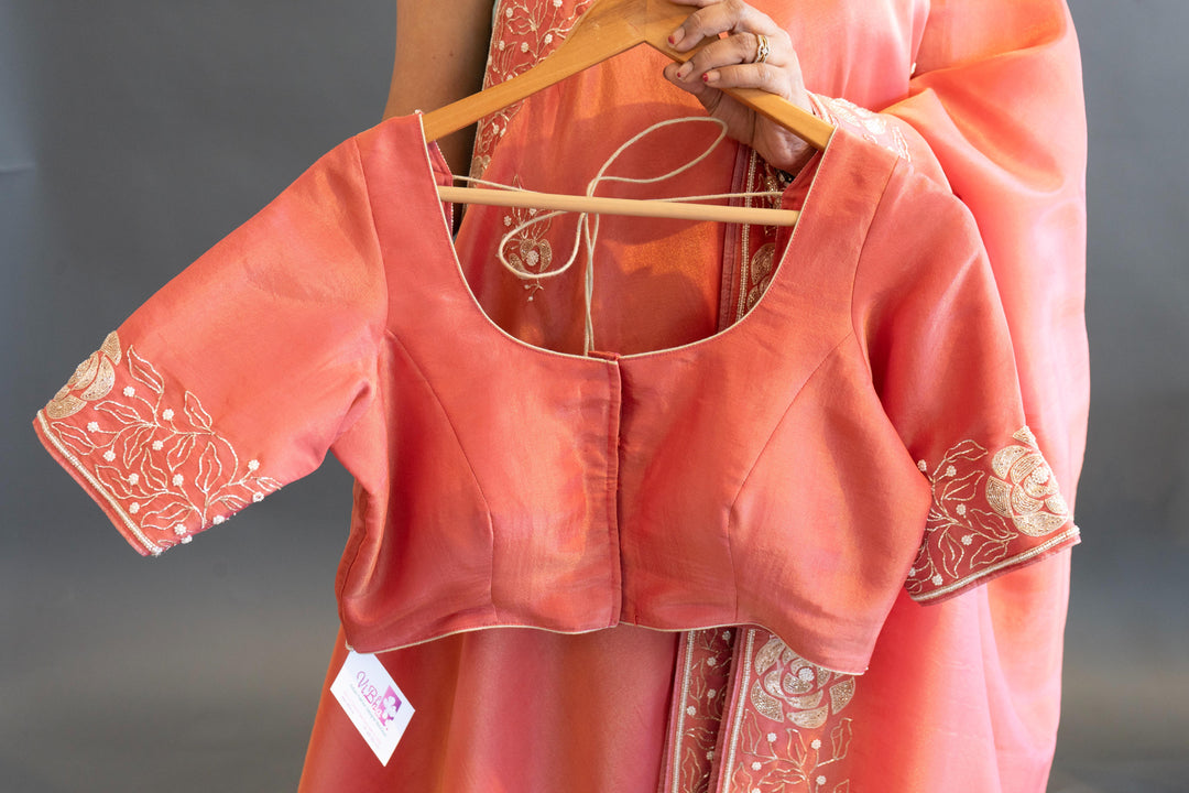 Coral-Pink Tissue-Silk Hand-Embroidered Saree And Blouse