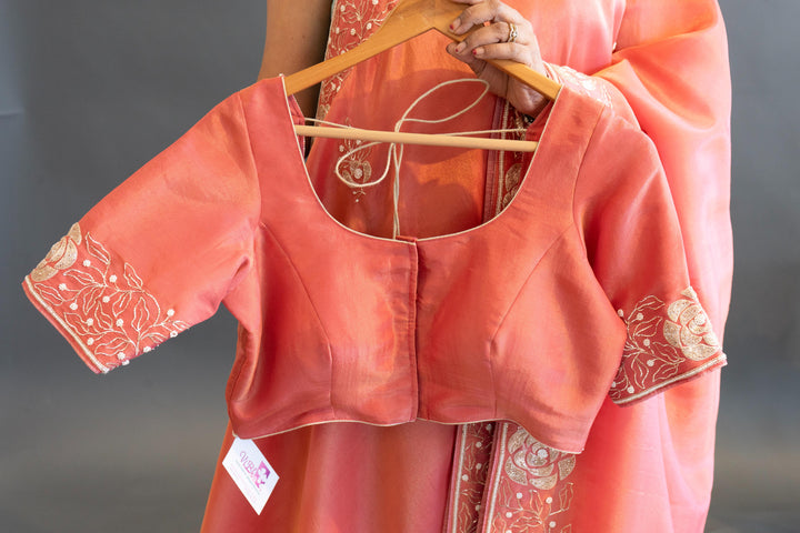 Coral-Pink Tissue-Silk Hand-Embroidered Saree And Blouse