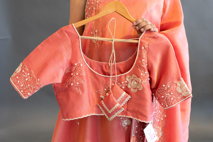 Coral-Pink Tissue-Silk Hand-Embroidered Saree And Blouse