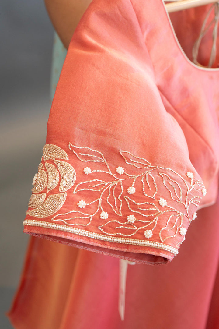 Coral-Pink Tissue-Silk Hand-Embroidered Saree And Blouse