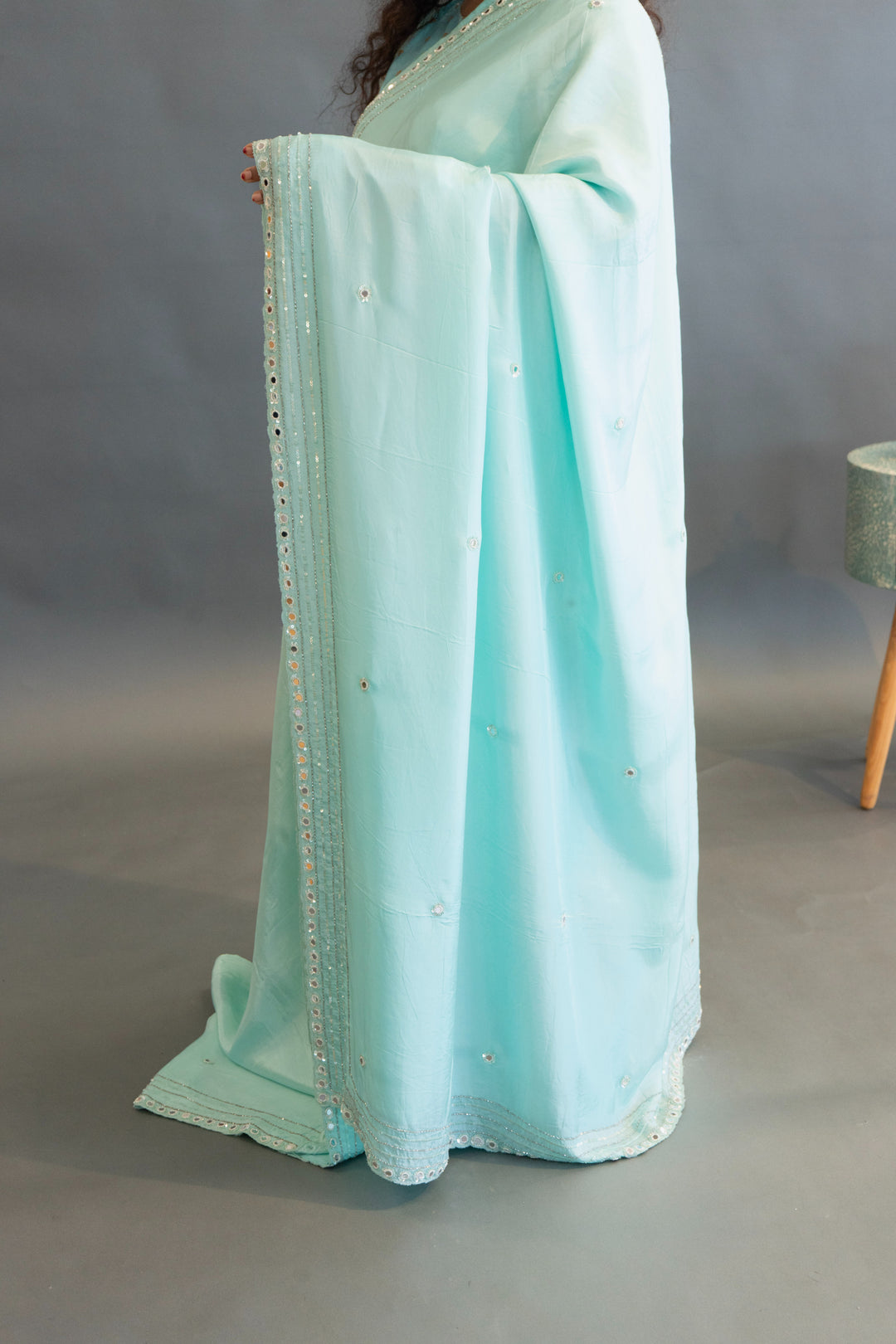 Sky-Blue Plain Saree And Blouse With Mirror-Work Borders Saree