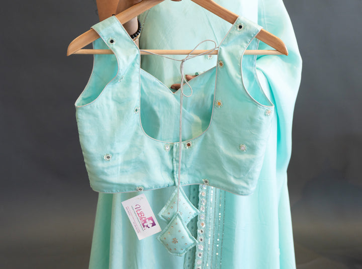 Sky-Blue Plain Saree And Blouse With Mirror-Work Borders Saree