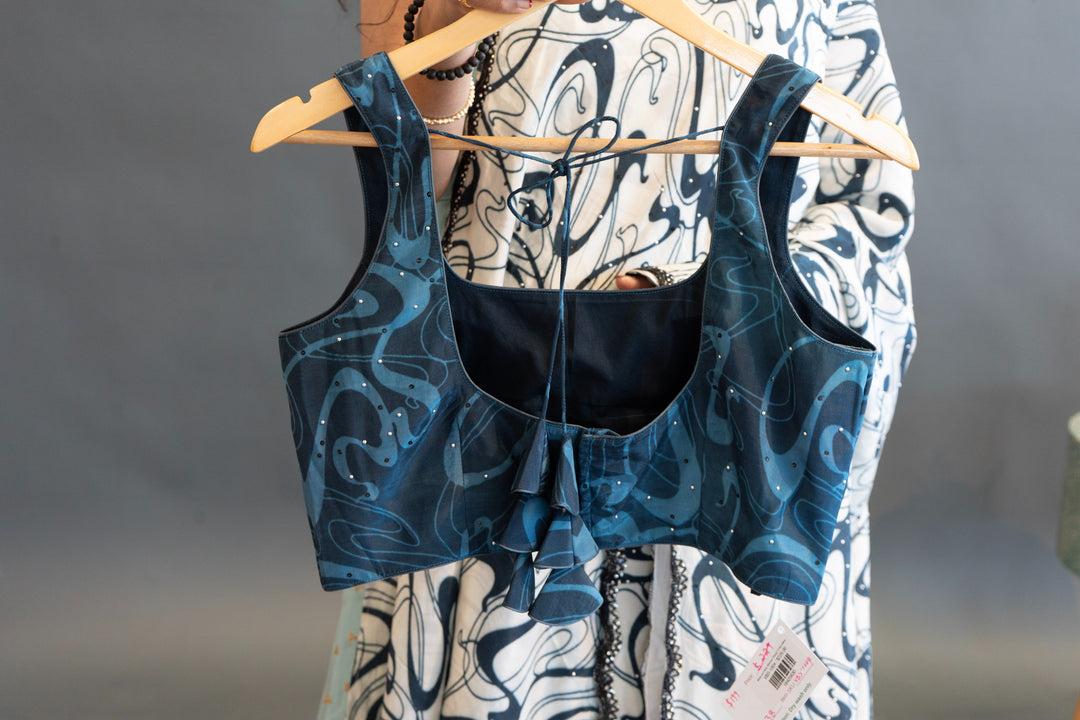 White And Blue Abstract Print Saree And Blouse With Embroidered Borders