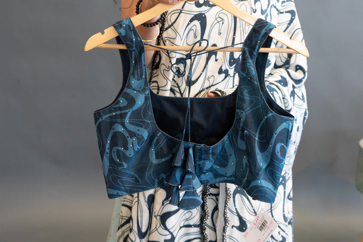 White And Blue Abstract Print Saree And Blouse With Embroidered Borders