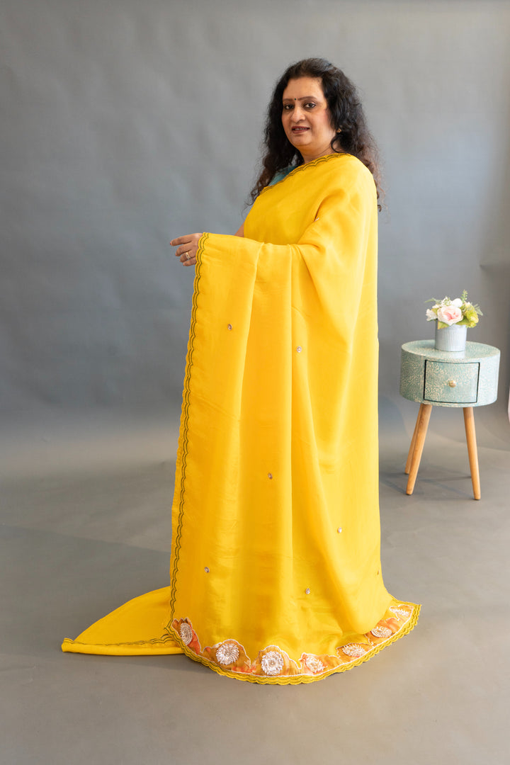 Yellow Soft Organza Saree With Floral-Print Bell-Sleeve Blouse