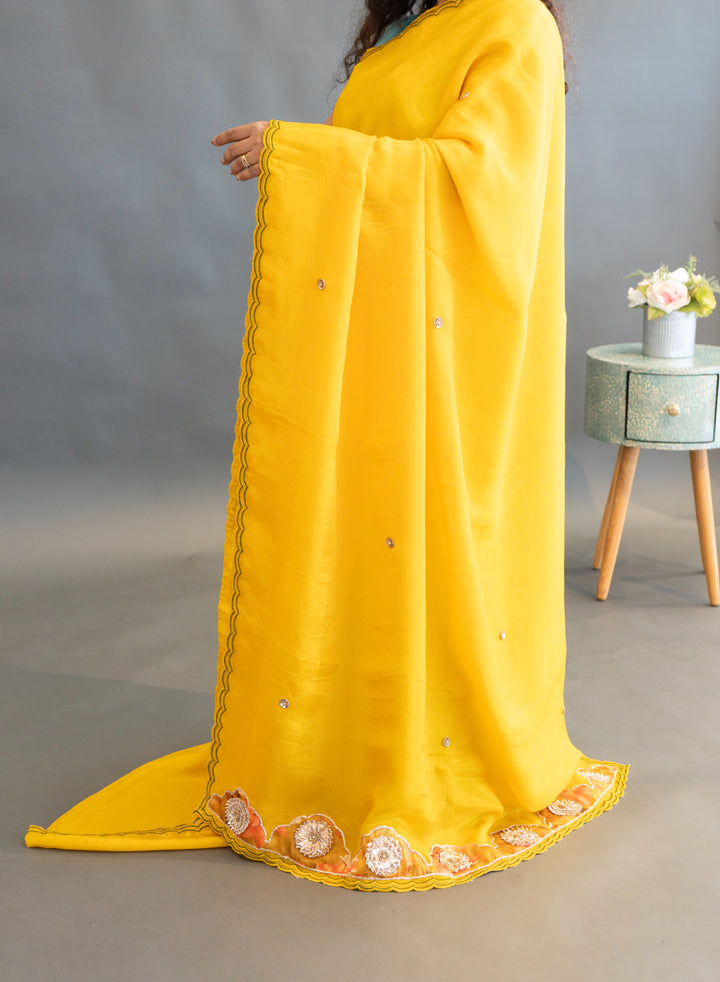 Yellow Soft Organza Saree With Floral-Print Bell-Sleeve Blouse