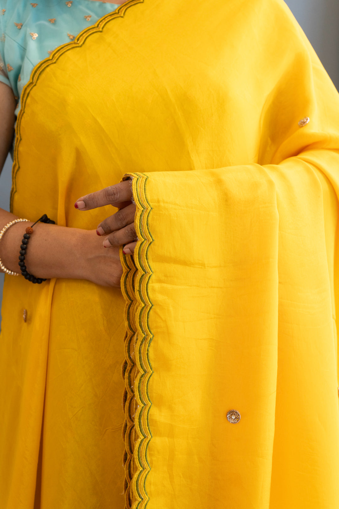Yellow Soft Organza Saree With Floral-Print Bell-Sleeve Blouse