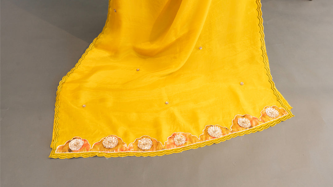 Yellow Soft Organza Saree With Floral-Print Bell-Sleeve Blouse