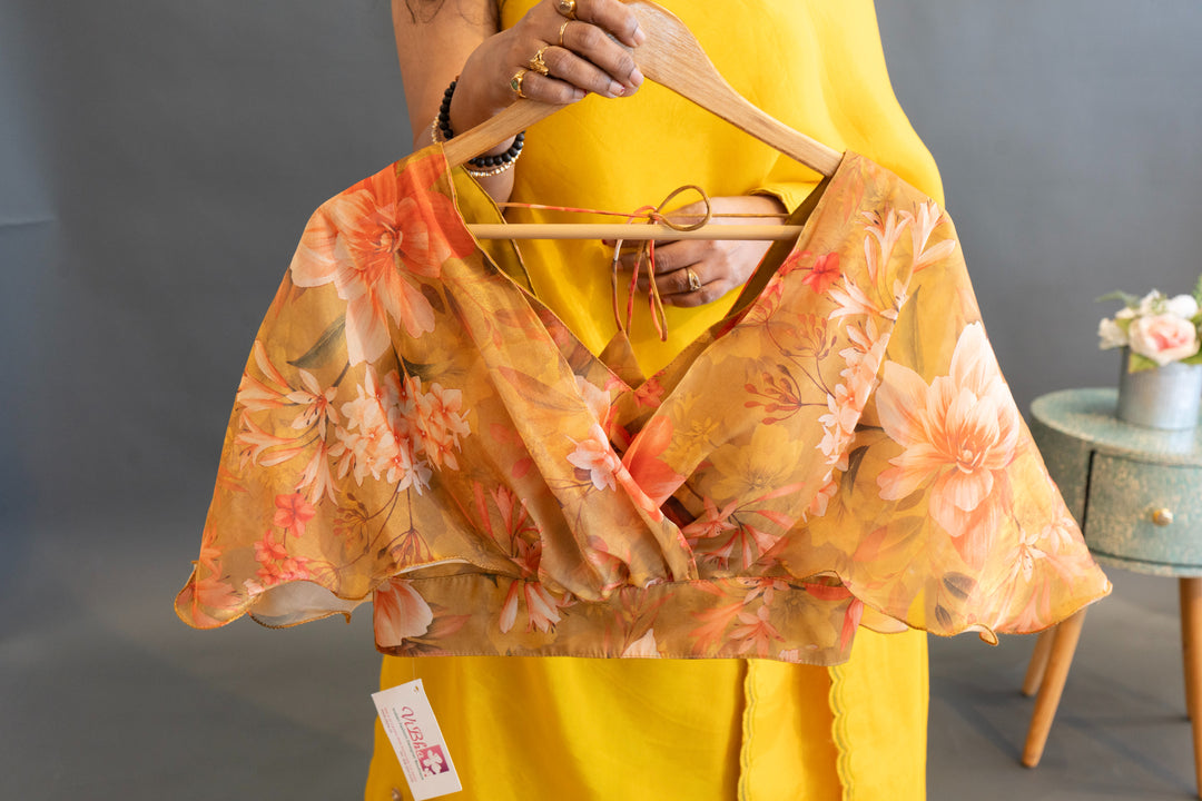 Yellow Soft Organza Saree With Floral-Print Bell-Sleeve Blouse