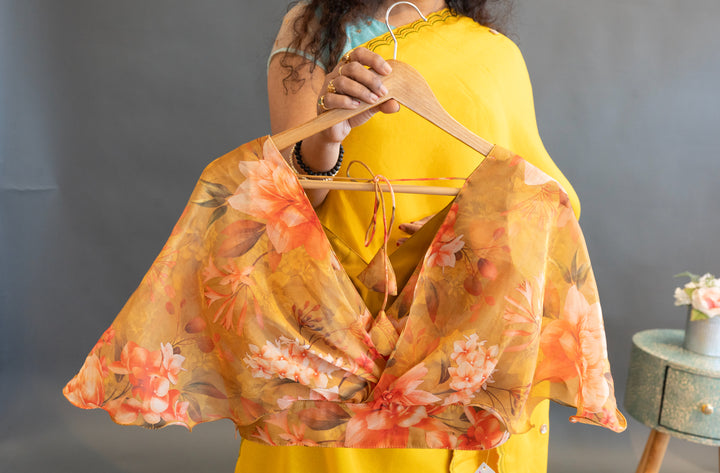 Yellow Soft Organza Saree With Floral-Print Bell-Sleeve Blouse