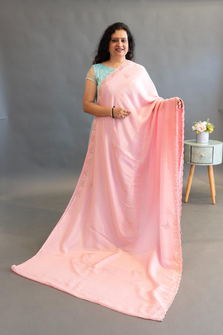 Light And Dark Pink Hand Embroidered Chinoori Silk Saree And Blouse