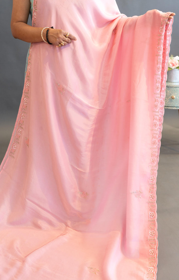 Light And Dark Pink Hand Embroidered Chinoori Silk Saree And Blouse