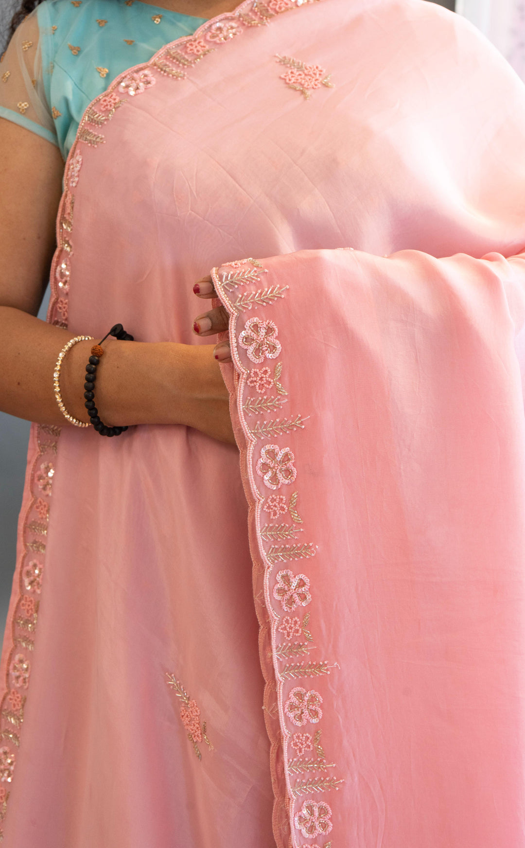Light And Dark Pink Hand Embroidered Chinoori Silk Saree And Blouse