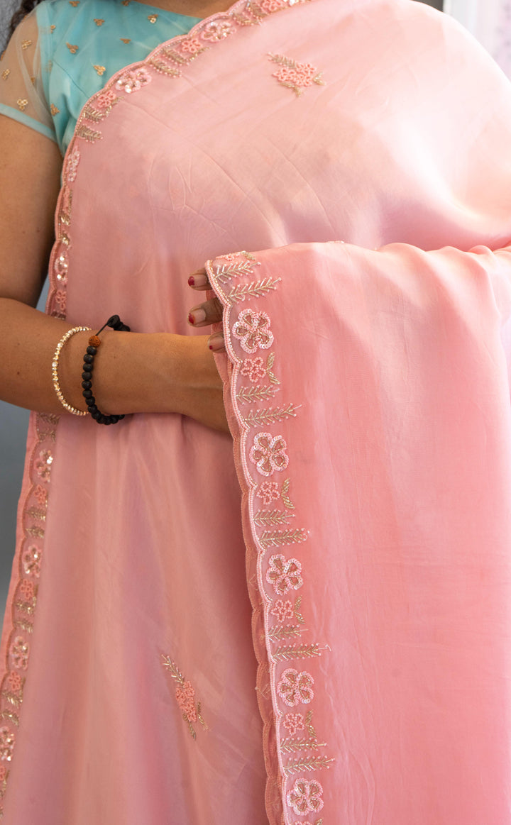 Light And Dark Pink Hand Embroidered Chinoori Silk Saree And Blouse