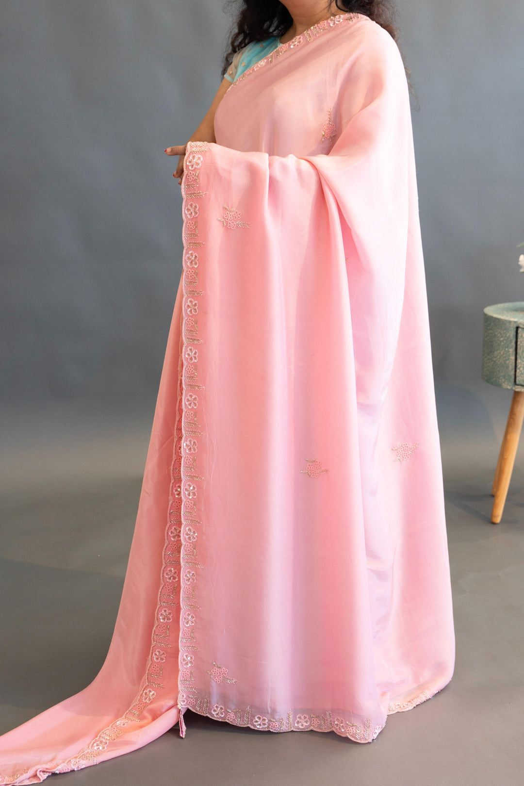 Light And Dark Pink Hand Embroidered Chinoori Silk Saree And Blouse