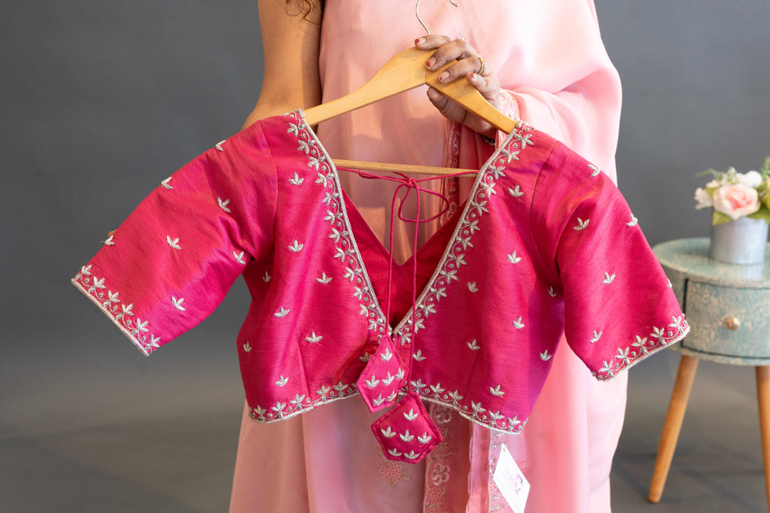 Light And Dark Pink Hand Embroidered Chinoori Silk Saree And Blouse