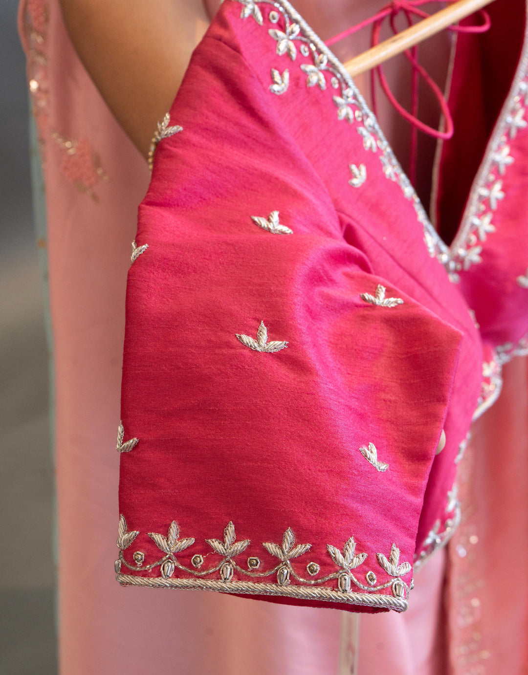 Light And Dark Pink Hand Embroidered Chinoori Silk Saree And Blouse