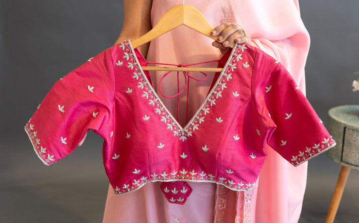 Light And Dark Pink Hand Embroidered Chinoori Silk Saree And Blouse