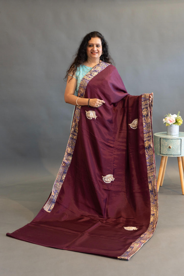 Dark Plum Mushroo Silk Saree With Satin Borders