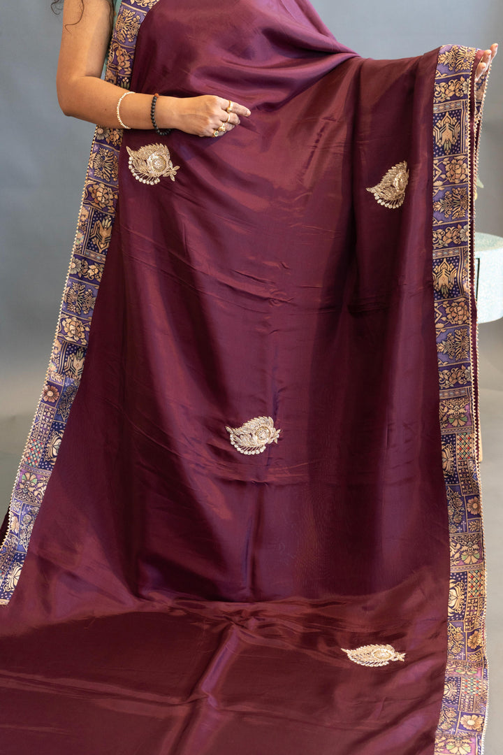 Dark Plum Mushroo Silk Saree With Satin Borders