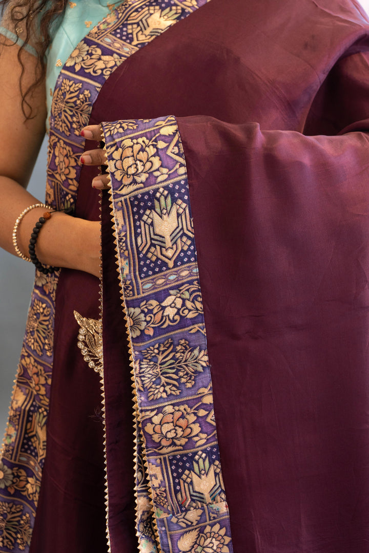 Dark Plum Mushroo Silk Saree With Satin Borders