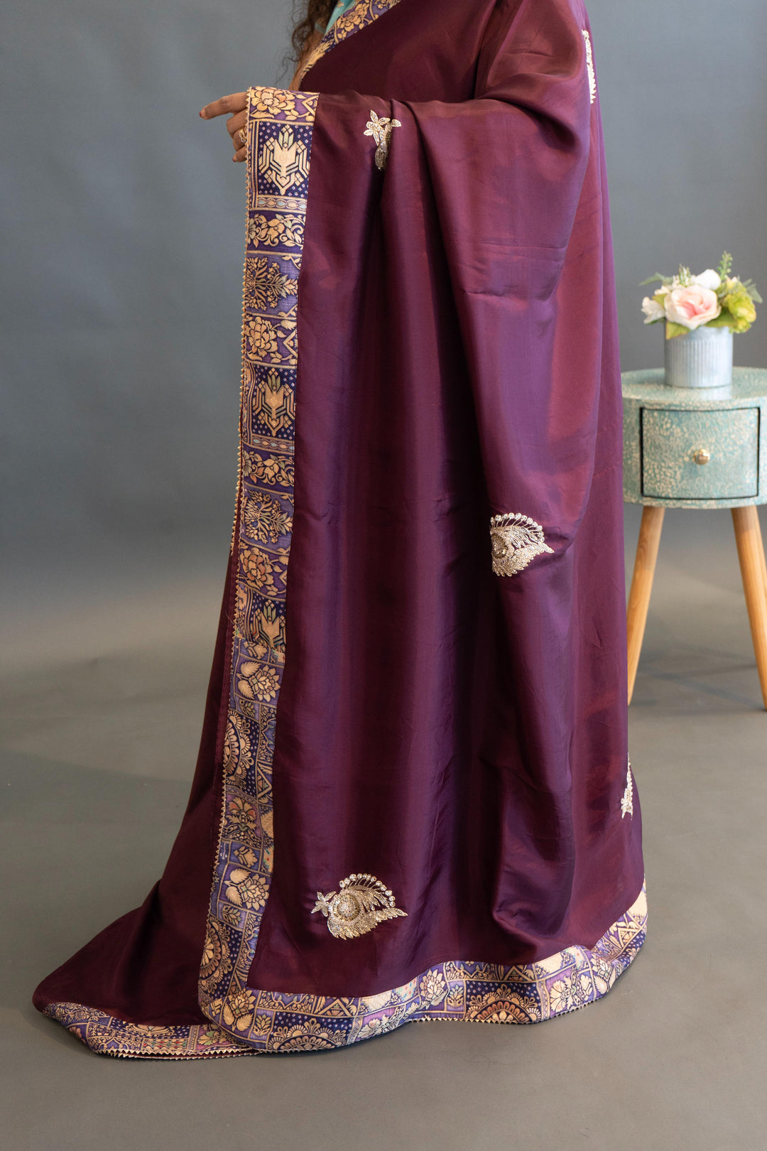 Dark Plum Mushroo Silk Saree With Satin Borders