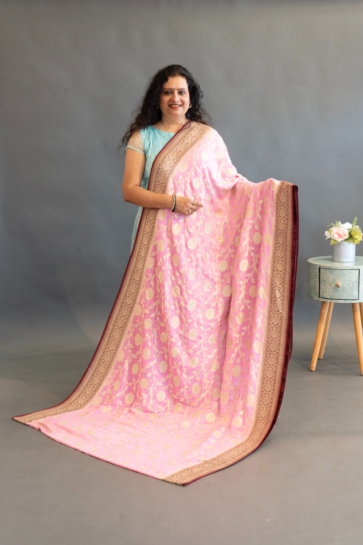 Pastel-Pink And Dark-Wine Banarasi Khaddi Georgette Saree And Blouse