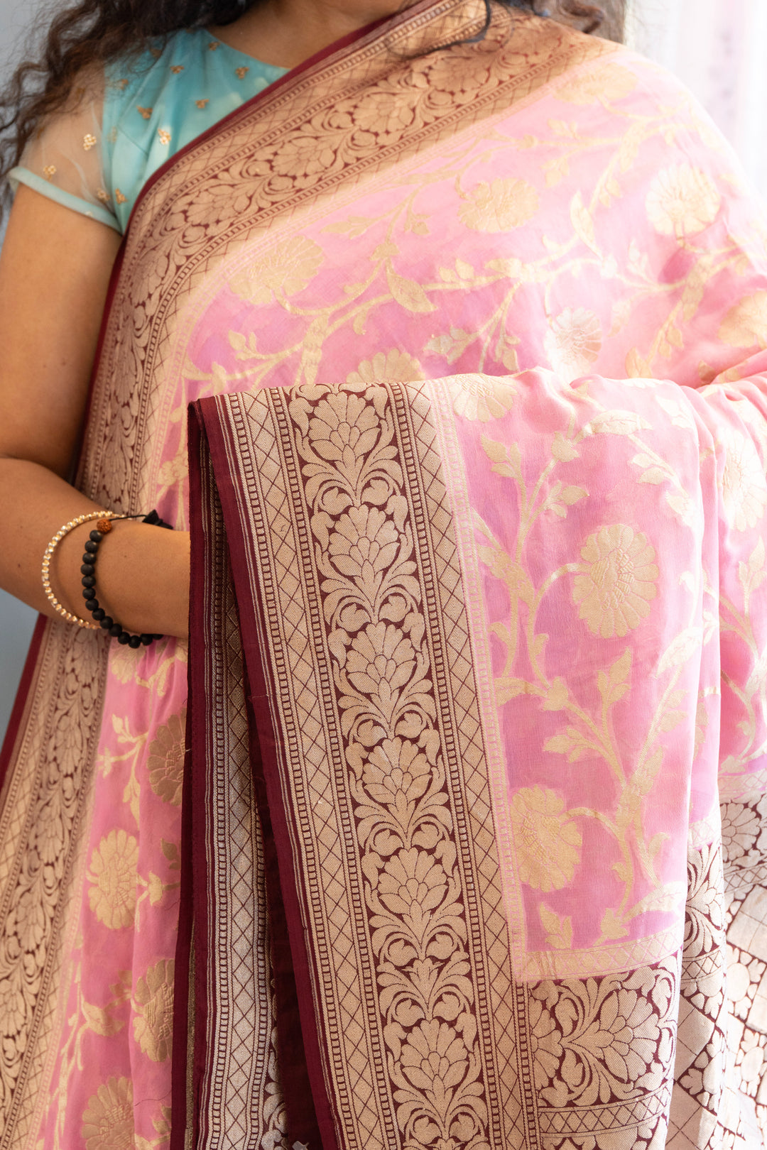 Pastel-Pink And Dark-Wine Banarasi Khaddi Georgette Saree And Blouse