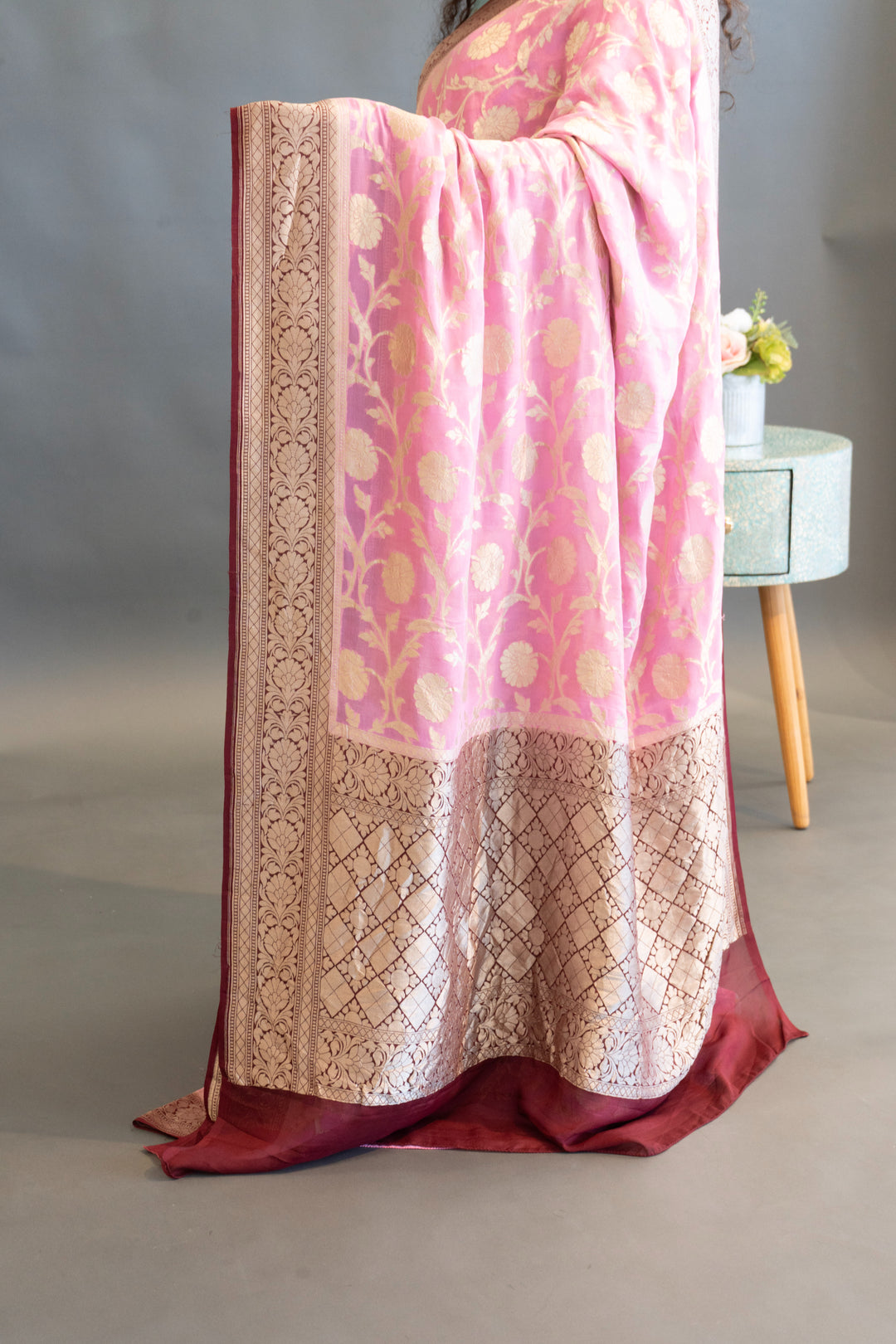 Pastel-Pink And Dark-Wine Banarasi Khaddi Georgette Saree And Blouse
