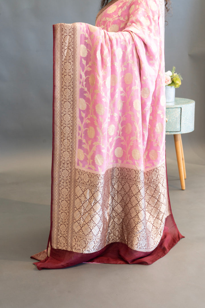 Pastel-Pink And Dark-Wine Banarasi Khaddi Georgette Saree And Blouse